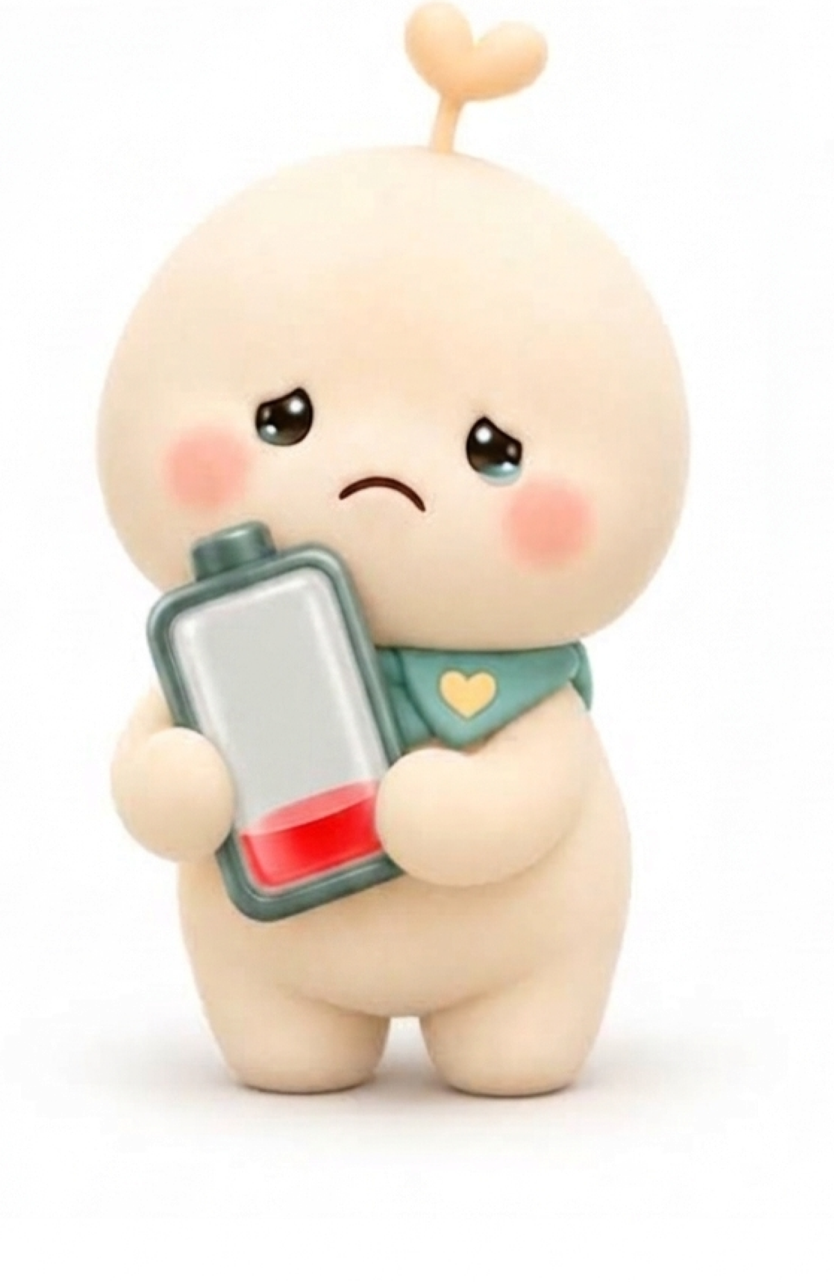 방전된 빨간 배터리를 안고 시무룩한 표정을 짓는 미닝이